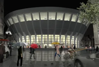Vue nocturne du Palais des Sports de Bordeaux avec sa façade incurvée illuminée, une place publique animée avec des piétons, des cyclistes et des voitures