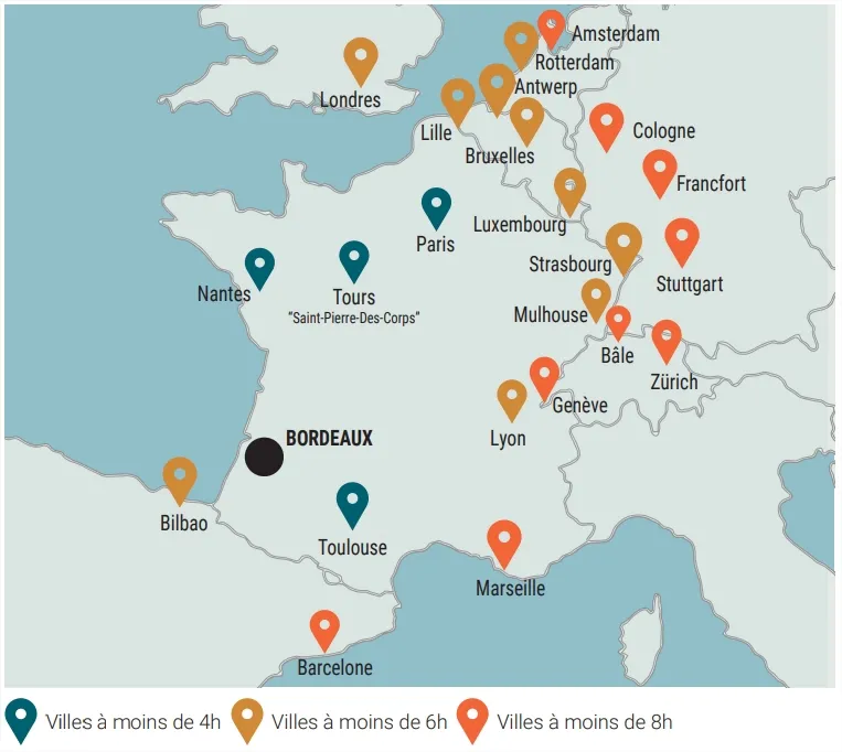 Carte des liaisons en train depuis Bordeaux