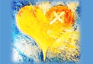 Cœur stylisé jaune et orange avec une croix blanche, sur fond bleu avec effet de texture éclaboussée, représentant Bordeaux