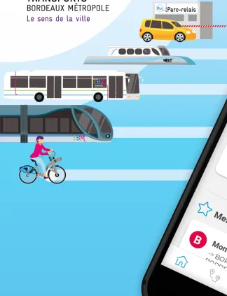 Logo TBM Transports Bordeaux Métropole avec illustration des différents modes de transport : voiture, tramway, bus et vélo, accompagnés de la devise 'Le sens de la ville' et aperçu d'une application mobile