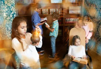 Enfants dans une bibliothèque de Bordeaux explorant des livres et une lampe magique, avec des étagères de livres en arrière-plan