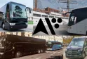 Collage de véhicules de transport de passagers d'Autocars Vincent à Bordeaux, incluant des autocars modernes, un navire à voiles et des véhicules utilitaires, avec le logo de l'entreprise au centre