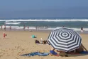 Plage bondée avec baigneurs et surfeurs dans l'eau, en premier plan une personne assise sous un parasol rayé bleu et blanc avec planche de surf.
