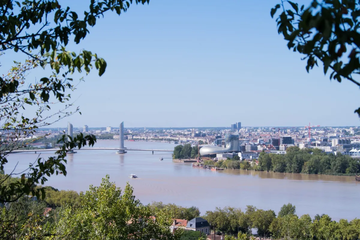Vue panoramique de Bordeaux avec le pont de Pierre enjambant la Garonne, la cathédrale et les bâtiments historiques de la ville en arrière-plan, encadrés par la végétation.